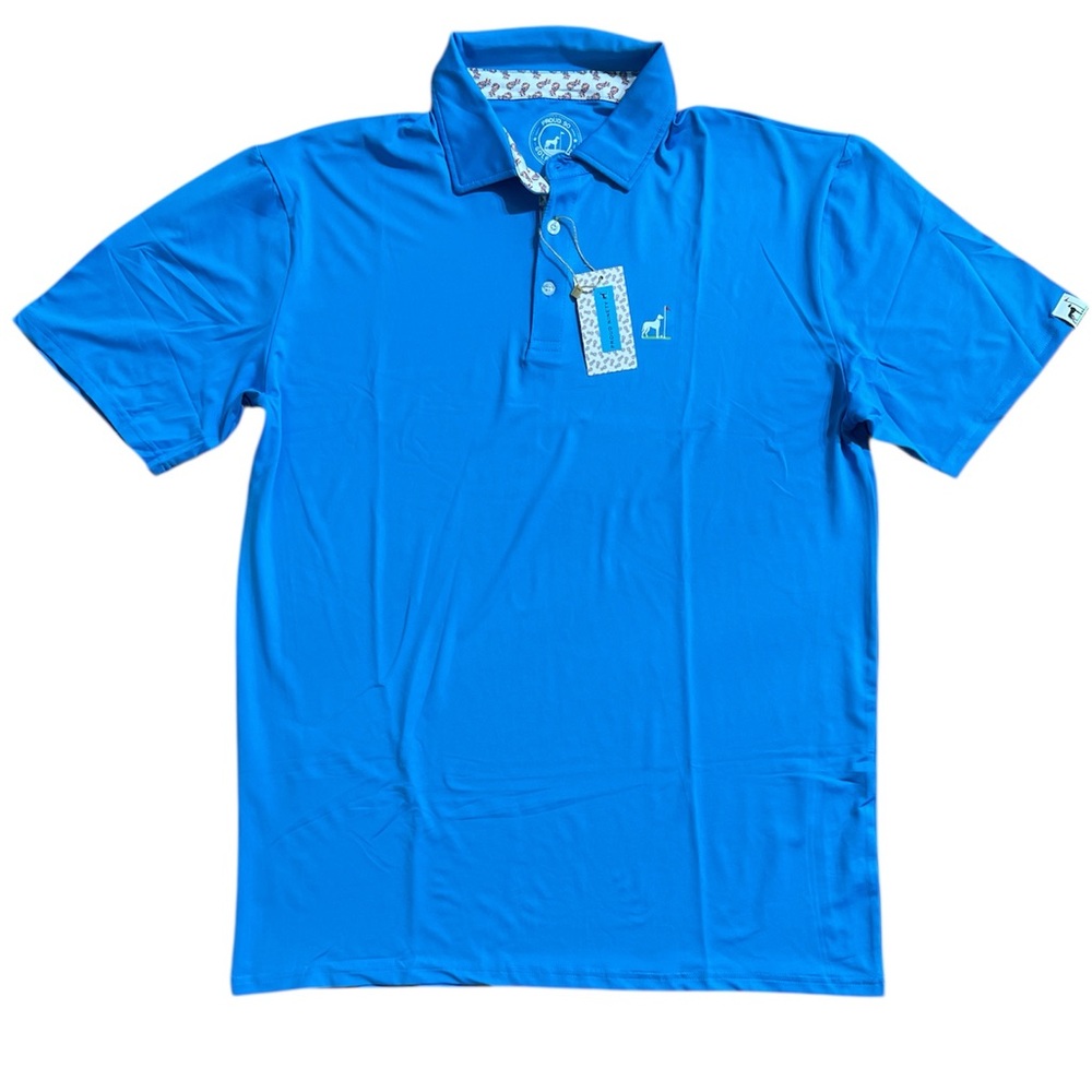 Proud 90 Golf Is Fun Men XL Blue Teal Collar Stretch NWT‎ Polo Shirt